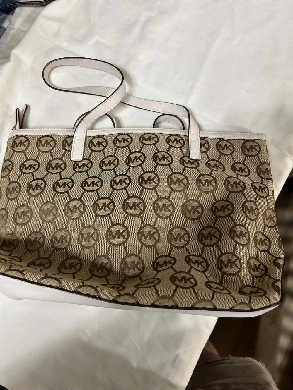 Michael Kors Beige and White Signature MK Tote with Gold Accent